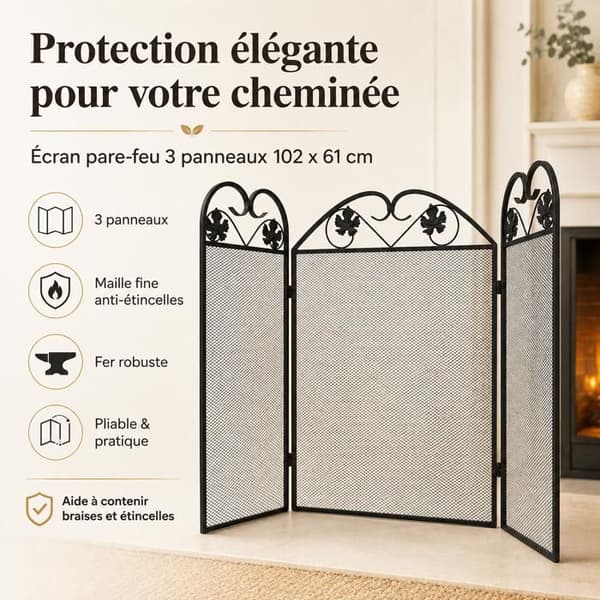 Pejseskærm 3 Paneler Foldbar 102 x 61 cm Sort Jern – Dekorativ Funkbeskyttelse til Pejs