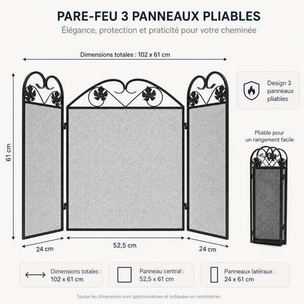 Pejseskærm 3 Paneler Foldbar 102 x 61 cm Sort Jern – Dekorativ Funkbeskyttelse til Pejs