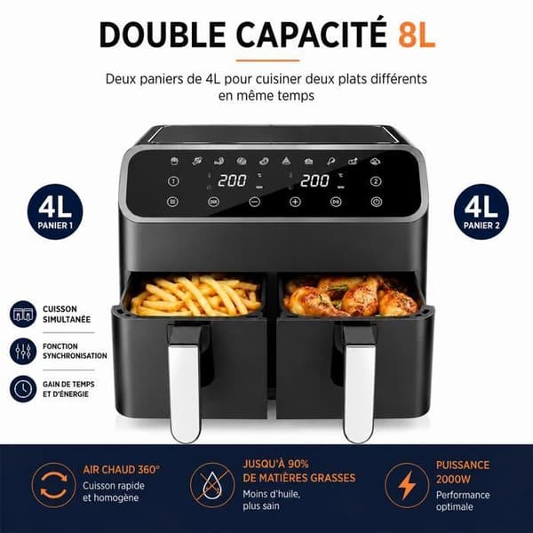 Dubbel luftfritös 8 L 2000 W - Dubbel korg 4 L + 4 L - 10 program - LED pekskärm - Utan olja