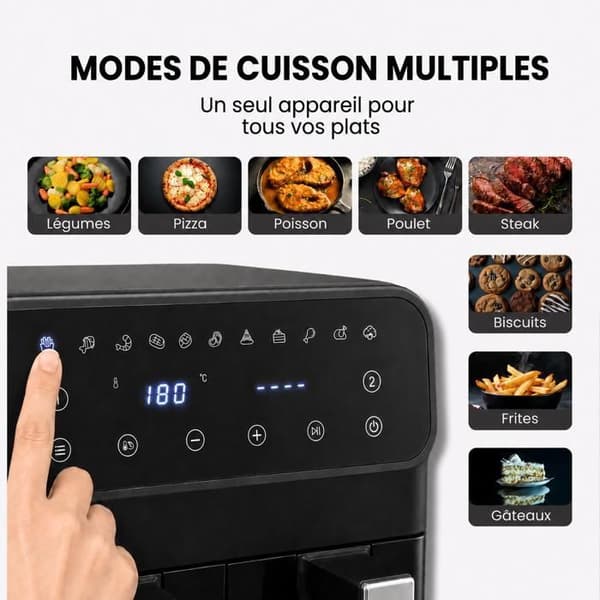 Dubbel luftfritös 8 L 2000 W - Dubbel korg 4 L + 4 L - 10 program - LED pekskärm - Utan olja