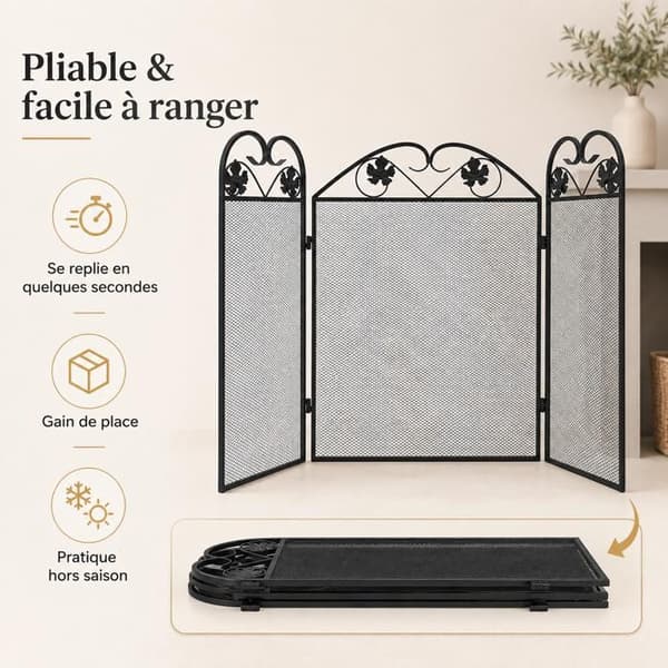 Pejseskærm 3 Paneler Foldbar 102 x 61 cm Sort Jern – Dekorativ Funkbeskyttelse til Pejs