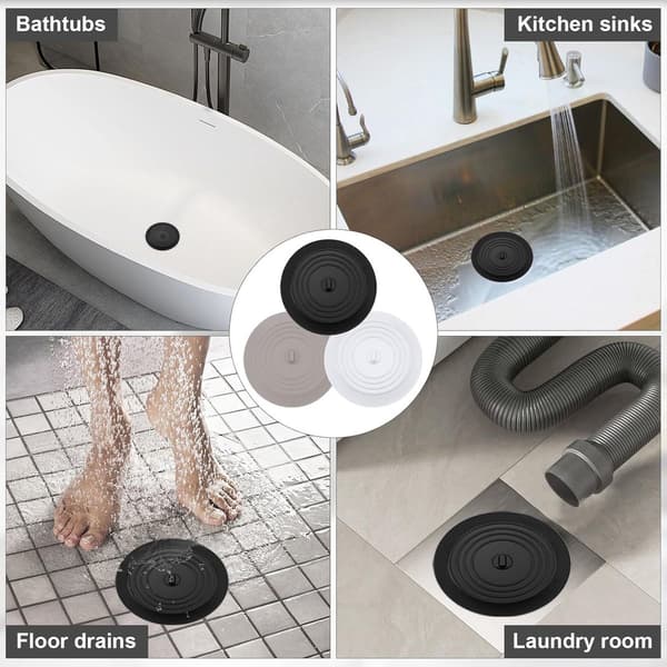 Afløbsprop - 3 Stykker - 15 cm Diameter - Hvid, Grå og Sort - Afløbsprop - Vaskeprop Universal - Silikone - Badekarsprop - Anti-Tilstopning