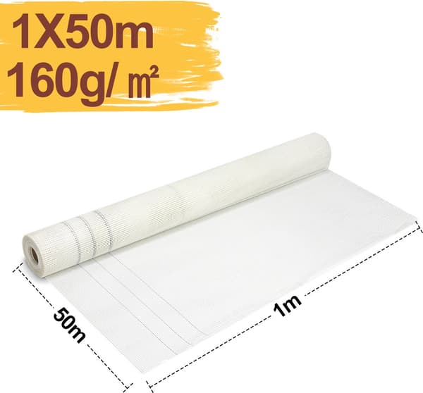 Glasfibernet Rulle 50m x 1m, 165g/m² Pudsforstærkningsnet 4x4mm til Indvendig og Udvendig Murpuds, Hvid