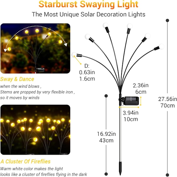 4 stk. Solcelled Firefly Lys, Vandafvisende Stjerneformet Havelys med Skumring til Daggry Sensor Parent