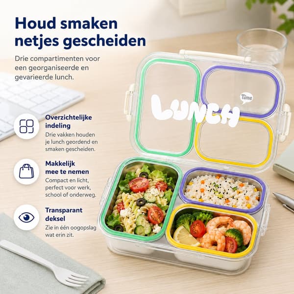 304 Rustfrit Stål Bento Madkasse, 3 Rum, Lækagesikker, Mikrobølgeovnssikker, 750 ml, Til Skole Og Arbejde, Grøn, Lilla, Gul