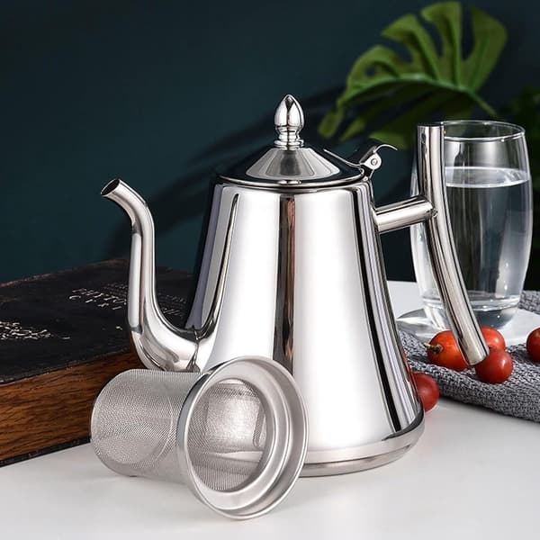 Tekedel i 304 rustfrit stål med finmasket filter, svanehalstud, komfurkompatibel til te og kaffe, sølv, 1/1,5/2 L