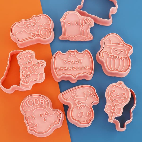 Halloween Cookie Cutter Sæt med 8, 3D Spøgelsesprægede Plaststempler, Græskarværktøjer til Kagedekoration (Stil D)