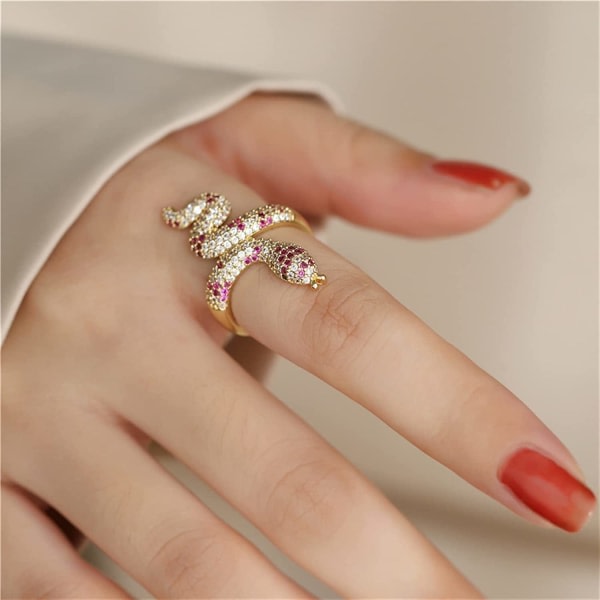 Dameringe Bronze Zirkon Slangeform Åben Ring 18K Ægte Guldbelagt Diamant Ring (Farve: Rød)