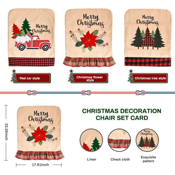 Julöverdrag Set med 3 st Matsalsstolsöverdrag för Jul Linne Matstolsöverdrag Julgran Blomma Cover