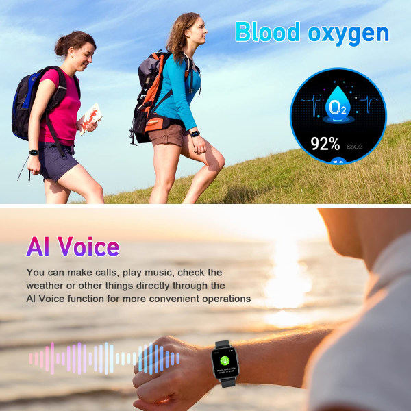 Fitness Smartklokke: Bluetooth Smartklokke for Android-telefon iPhone Vanntett klokke, blodtrykks- og pulsmåling Søvnsporing