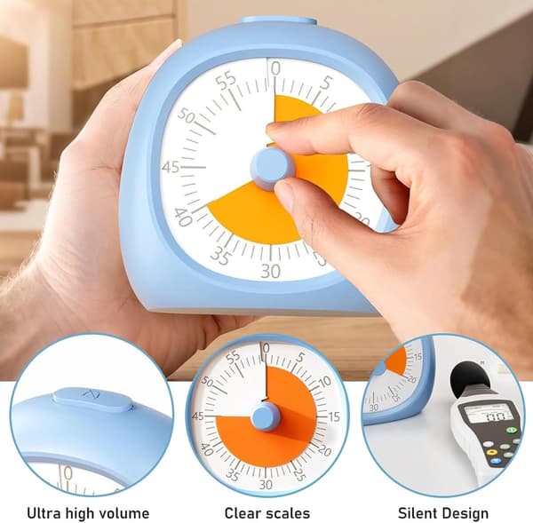 Visuell timer för barn 60 minuters nedräkning med tyst drift, enkel vridinställning för läxor, klassrum, kök och matlagning, blå