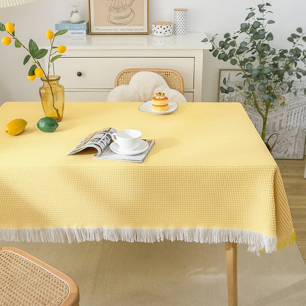 Cotton Linen Tablecloth, Small Round Table, Coffee Tablecloth Waffle White Yellow Interweaving_yux Waffle white yellow interweaving 90*90cm