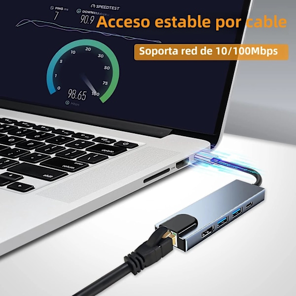 5-in-1 USB C 4K HDMI -sovitin 100 W PD USB 3.0 & 2.0 Ethernet-portilla MacBook Pro Chromebook XPS:lle ja USB C -laitteille 5 in 1  100Mbps