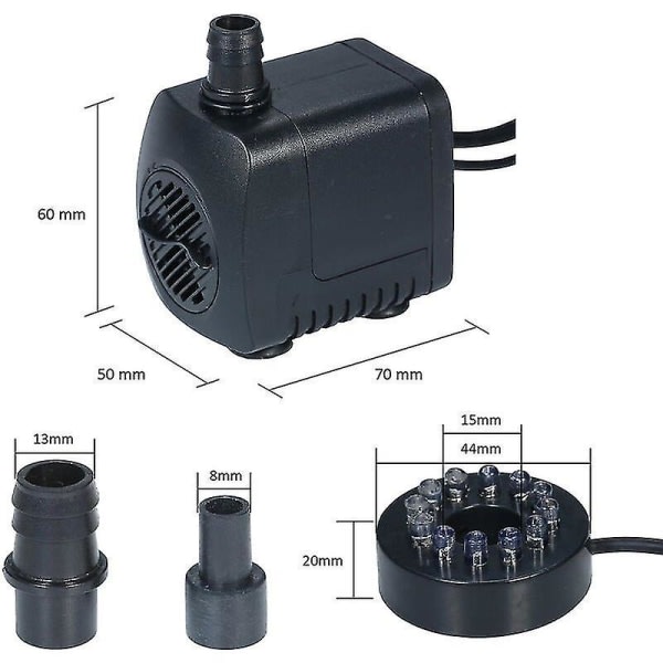 Akvariumpump LED-ljus dränkbar pumpe 800l/h Ultratyst akvariumdammtank Simbassäng Vattenfontänpump, Eu-plugg - Eu-plugg