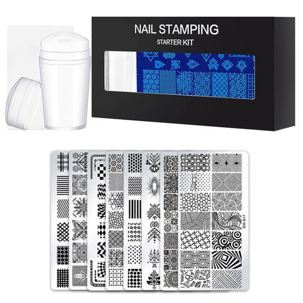 10 st/ sett Nagelstansplåtar med klar silikonstämpelskrapa Blomgeometritrykk for nail art Manikyrkonstverktygssats