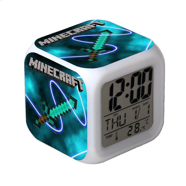 Minecraft färgglada väckarklocka LED-färgskiftande tecknad klocka Student tyst nattljus Julklapp Födelsedagspresent #01