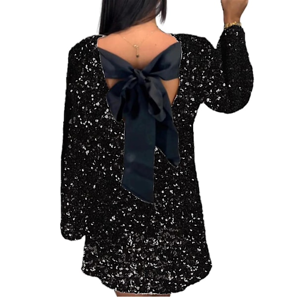 Kvindes Sequin Bandage Kjole Langærmet Natklub Kjole Festival Kjole Skinnende Sequin Bue Kjole Sort Sort Black L