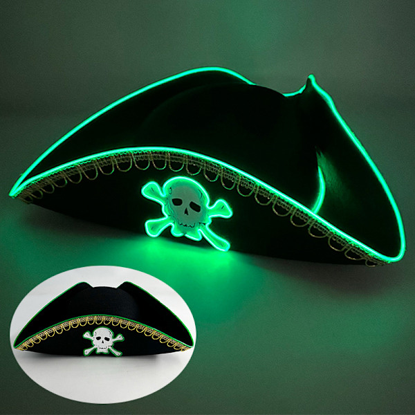 Halloween-perlehue carnival-hat LED trådløs fluorescerende farverig cowboy lysende hat laser fantasi cowboy hat Pirate Hat-Dark Green One Size