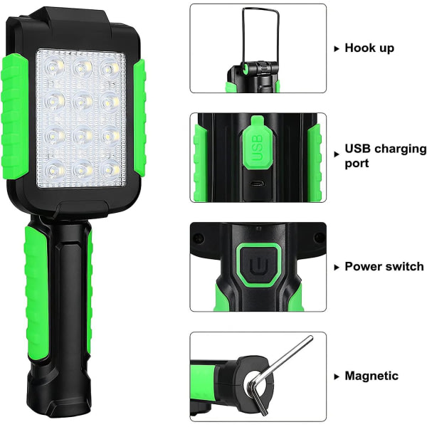 LED-arbetslampa, hopfällbar USB-laddning utomhusarbetslampa, med magnetkrok