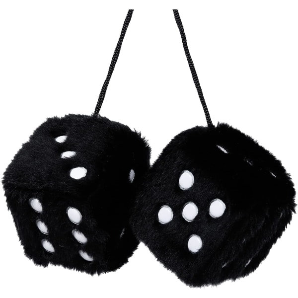 Et par retro firkantede speilhengende Fuzzy plysj terninger med prikker for bilinteriørdekorasjon (svart)