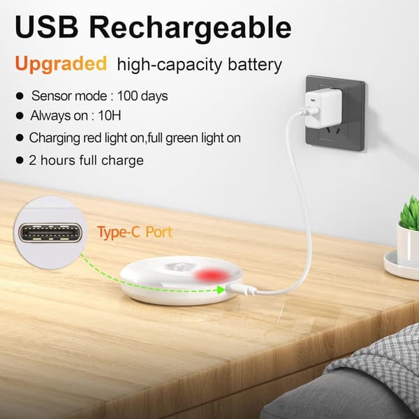 Rörelsesensor Nattlampa 2-pack, USB Uppladdningsbar LED-lampa med Auto På/Av, Varmvit Belysning för Sovrum Hall Barnrum