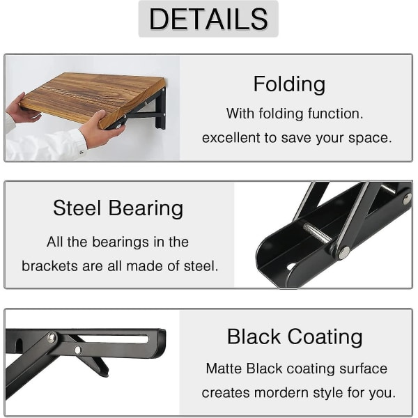 2 stk. Foldbare Hyldebeslag - Heavy Duty Metal Foldbar Trekant Hylde, DIY Væghængt Foldbart Bordhængsel, Pladsbesparende til Bænkbord