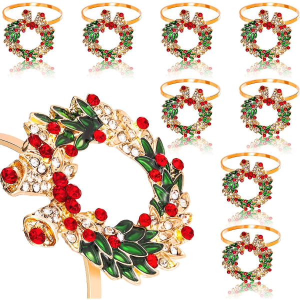 8 stk. Jule Servietringe Sæt Xmas Rhinestone Servietholder