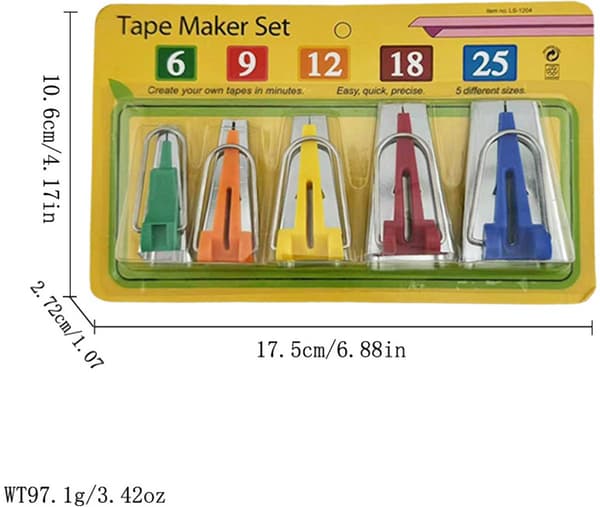 5-delt skråbåndsapparatsett, 5 størrelser for søm, quilting og DIY lappeteppe, 1/4 til 1 tomme