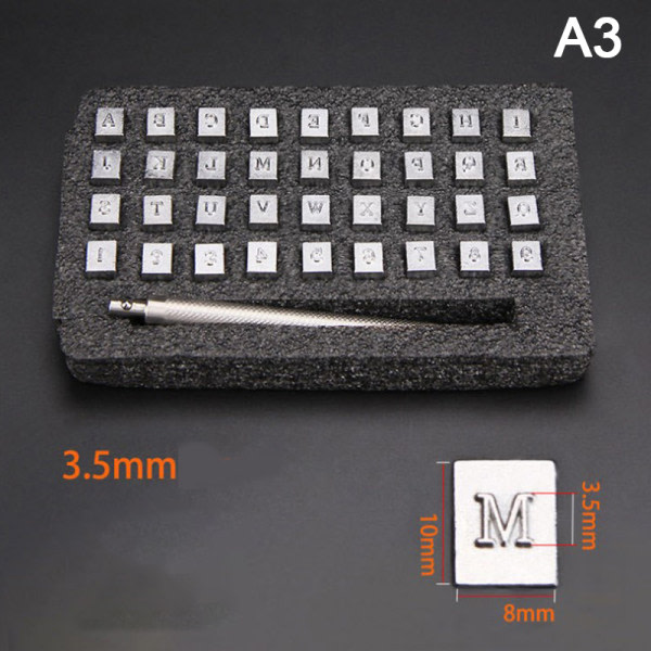 36 kpl Terästä Alfabeetti Kirjainnumero Nahka Leima Punch Set 3,5 mm