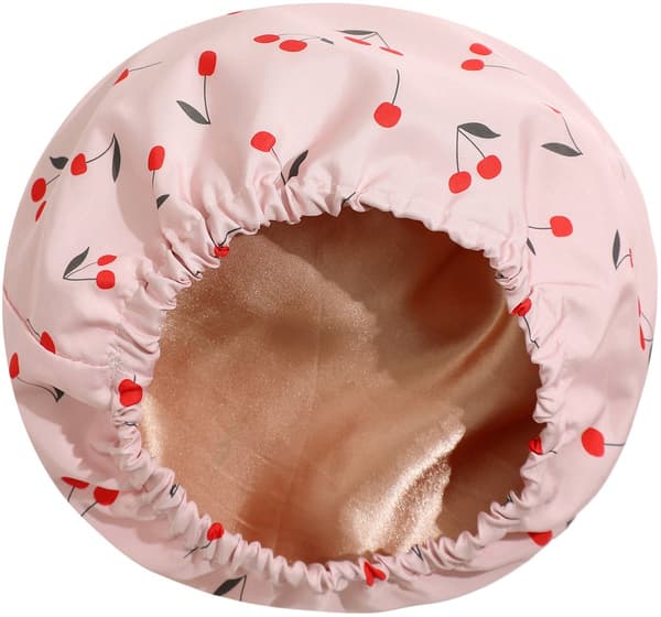 Duschmössa - badmössa - elastiskt satinfoder - halkfri, snabbtorkande, justerbar - lämplig för långt och kort hår - körsbärstryck - 38x30cm