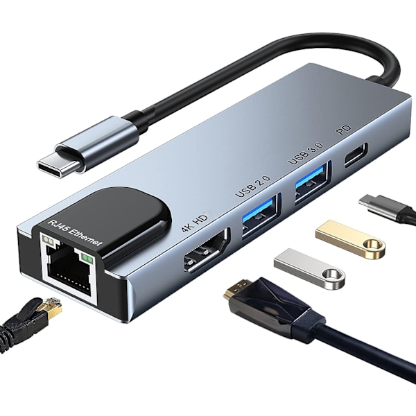 5-in-1 USB C 4K HDMI -sovitin 100 W PD USB 3.0 & 2.0 Ethernet-portilla MacBook Pro Chromebook XPS:lle ja USB C -laitteille 5 in 1  100Mbps