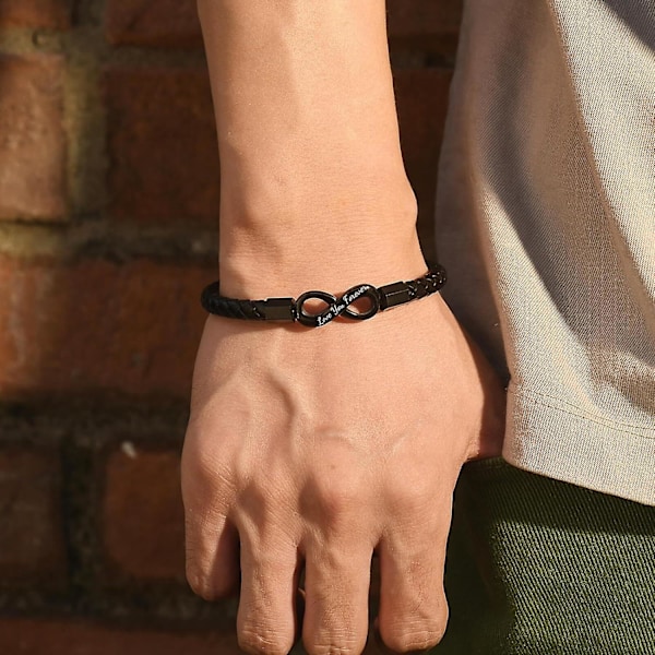 Armband till Min Man, Läderarmband med Oändlighetssymbol för Pojkvän Man, Valentinsdag Födelsedag Fars Dag Julgåvor till Honom Svart Black 8.5 inch