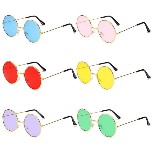 6 par runde hippieglassesøyne Fargerike retro hippieglassesøyne 60-talls stil sirkelglassesøyne for festfavoritter