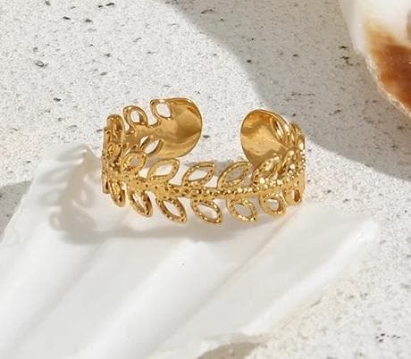 Forgyldt Rustfrit Stål Ring med Blad / Blad - Justerbar Gold Guld