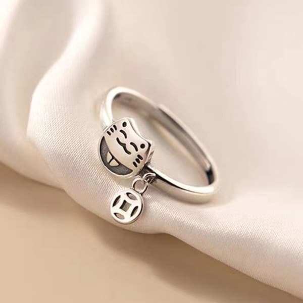 S925 Silver Kopparmynt Lyckokatt Retro Justerbar Pekfinger Ring - Perfekt