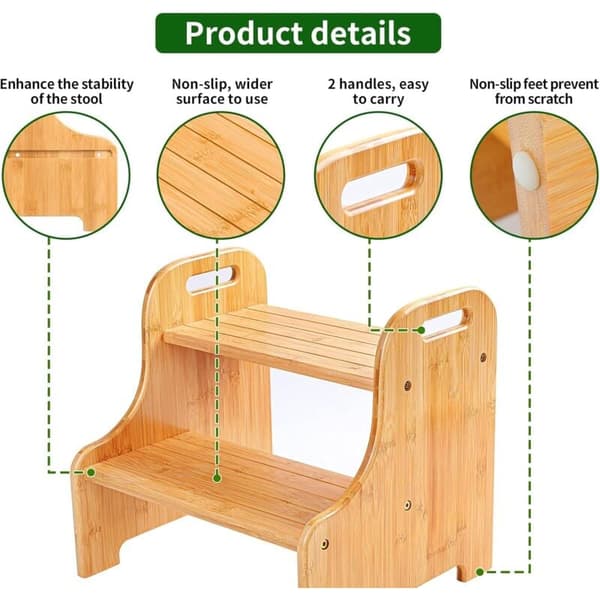 Bambustep pall 2 halkfria steg med 2 utskurna handtag, 403830cm