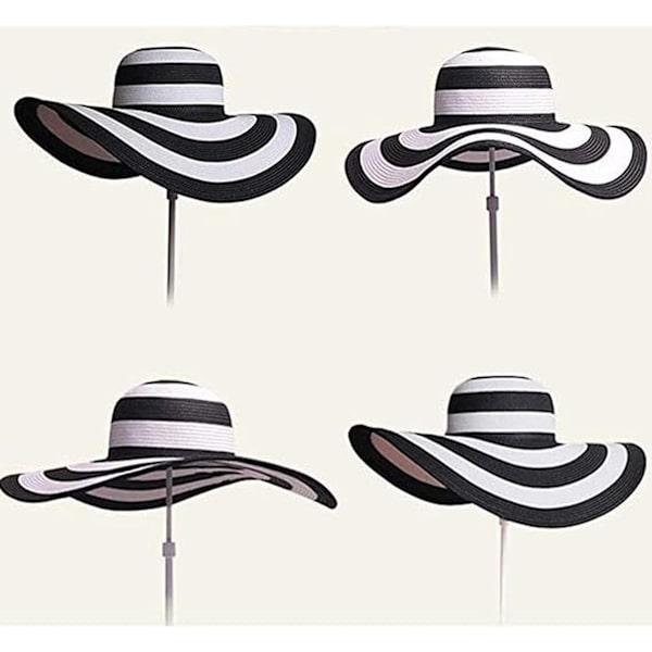 Solhat til kvinder - Solbeskyttelse med stor skygge - Sort og hvid stribet strandhat - Foldable_yu