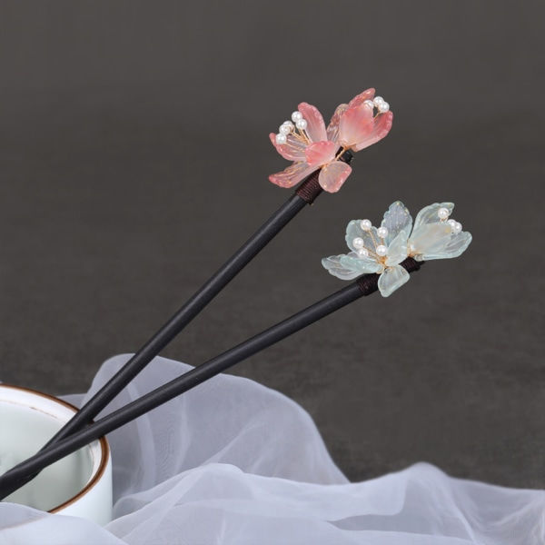 TG Kvinna Hårnål Chignon Pin Ätpinnar Massivt Trä Bullehållare med Färgglad Blomma för Cheongsam Han Kläder Te Wear 3