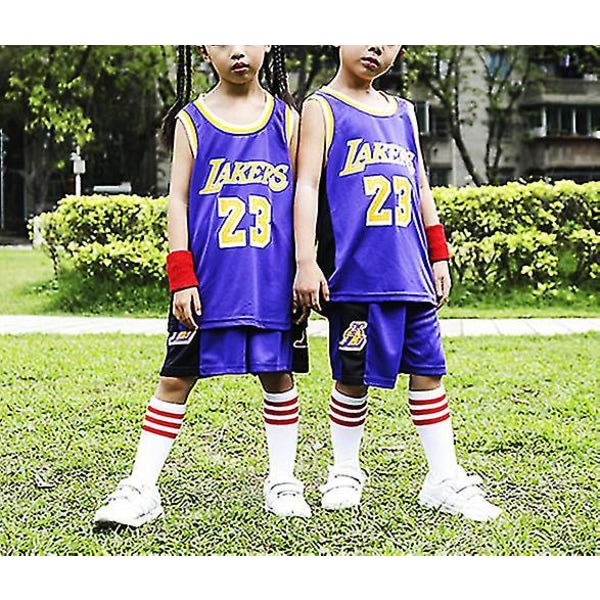 Lakers #23 Lebron James Jersey Nr. 23 Basketdraktsett Barn Gult L (140-150 cm) Lilla XS (110-120 cm)