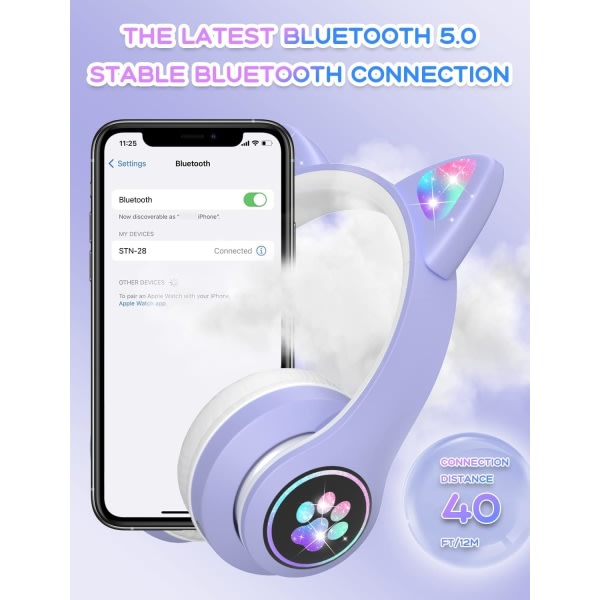 Bluetooth-barnehøretelefoner med HD-mikrofon/LED-lys (lilla)