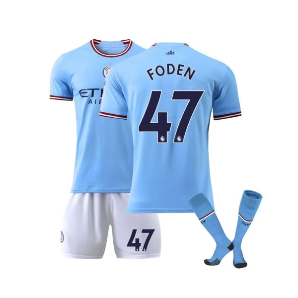 (Manchester City F.C. Hjemme 22/23 Trøje Foden Nr. 47 Fodboldtrøje 3-delt sæt til børn Voksne Royal blå, 36