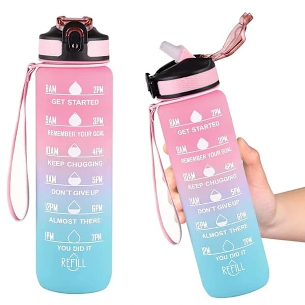 2-pack - 1 L vattenflaska med sugrör och timer Rosa-Blå_yux Pink-Blue