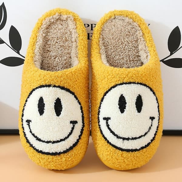 Retro Leende Ansikte Mjuka Plyschtofflor Bekväma Varma Slip-on Tofflor för Par Vinter Varma Inomhustillbehör 1 par