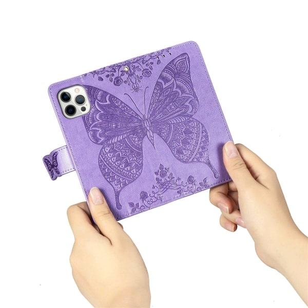 Premium PU-læder Glansfuld Diamant Sommerfugl Præget Wallet Shockproof Flip-etui til iPhone 14 Pro Max