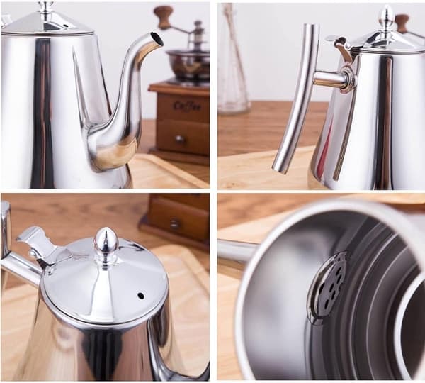 Tekedel i 304 rustfrit stål med finmasket filter, svanehalstud, komfurkompatibel til te og kaffe, sølv, 1/1,5/2 L