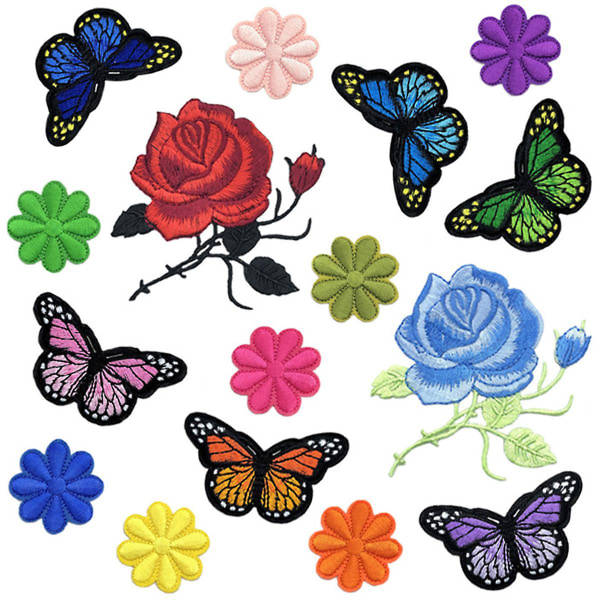 16 stk Applikationslapper til tøj Stryg på Blomster Sommerfugle Sy Multicolor