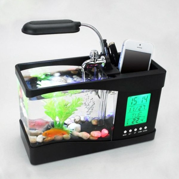 Kreativ multifunktions USB Mini Aquarium Fish Tank Led Lampa Penna Liten guldfiskskål svart