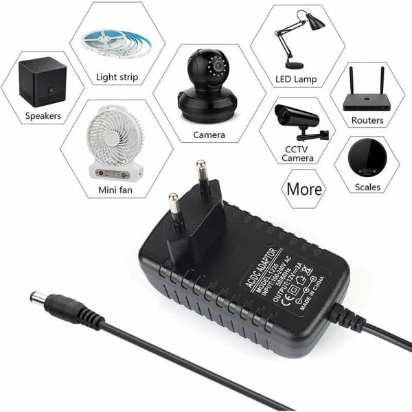 Adapter, transformator, strøm EU-kontakt 12V, 2A maks, for LED-striper, 5050, 3528, RGB, varm hvit, kald hvit?