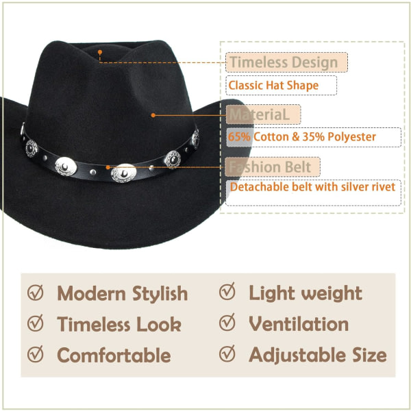 Svart Cowboy Cowgirl Hatt for Kvinner Menn Western Stil Bredbremmet Filt Fedora