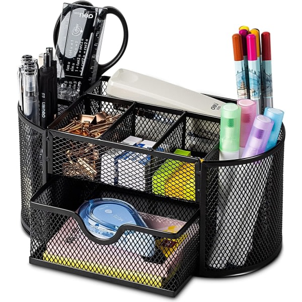 Mesh Desk Organizer Office Desktop Organizer med låda, metall brevpapper Organizer Skrivbord Caddy Pennhållare, 8 fack, svart